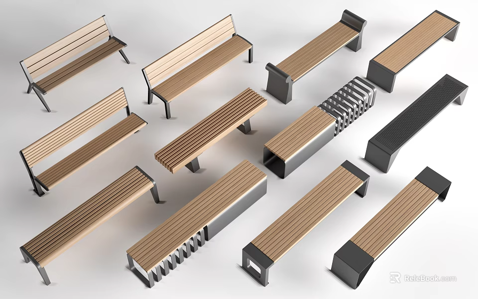 Various Modern Landscape Seats With Wooden Slats And Metal Frames For Outdoor Spaces 3d model 