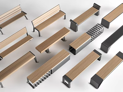Various Modern Landscape Seats With Wooden Slats And Metal Frames For Outdoor Spaces 3d model