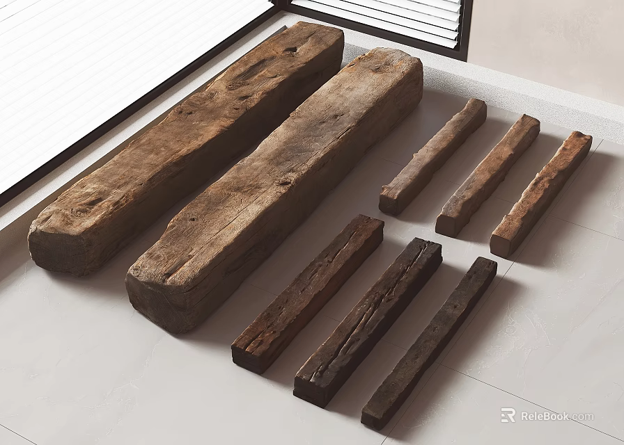 Rustic Wood Beams And Logs On Natural Stone Floor With Various Sizes 3d model 