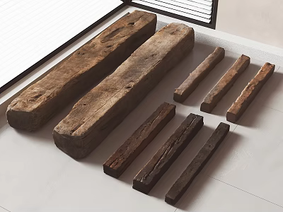 Rustic Wood Beams And Logs On Natural Stone Floor With Various Sizes 3d model