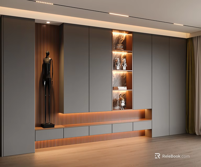 Stylish Modern Shoe Cabinet With Gray Finish LED Lighting And Display Shelves 3d model 