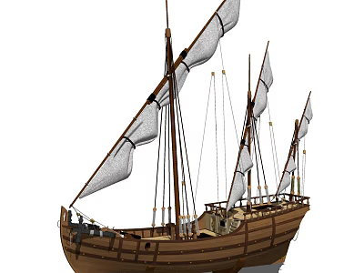 Traditional Wooden Ship with Multiple White Sails Brown Hull Masts Ropes and Classic Design Details 3d model