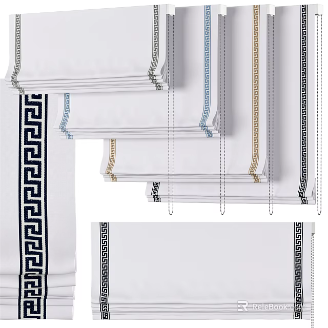 Elegant White Roman Blinds With Black Blue Gold Trim And Greek Key Pattern Design 3d model