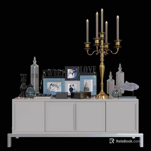 Decorative Ornament Set with Brass Candelabra Photo Frames LOVE SWEET Decor on White Cabinet 3d model 