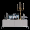 Decorative Ornament Set with Brass Candelabra Photo Frames LOVE SWEET Decor on White Cabinet