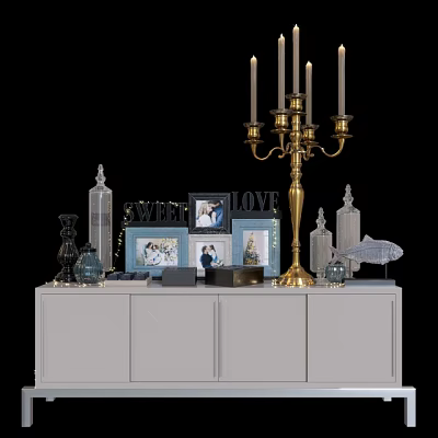 Decorative Ornament Set with Brass Candelabra Photo Frames LOVE SWEET Decor on White Cabinet 3d model