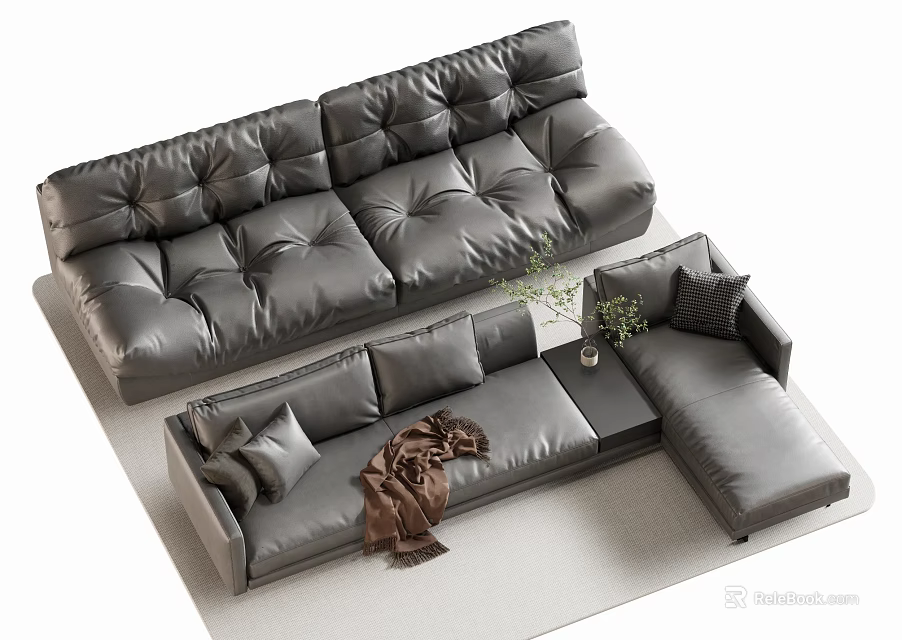 Grey Leather L shaped Double Sofa with Plush Cushions Brown Blanket Throw Pillows and Green Plant 3d model 
