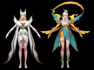 Elegant Game Movie Characters In White Blue Green Costumes With Wing Decorations And Golden Crown 3d model