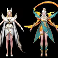 Elegant Game Movie Characters In White Blue Green Costumes With Wing Decorations And Golden Crown