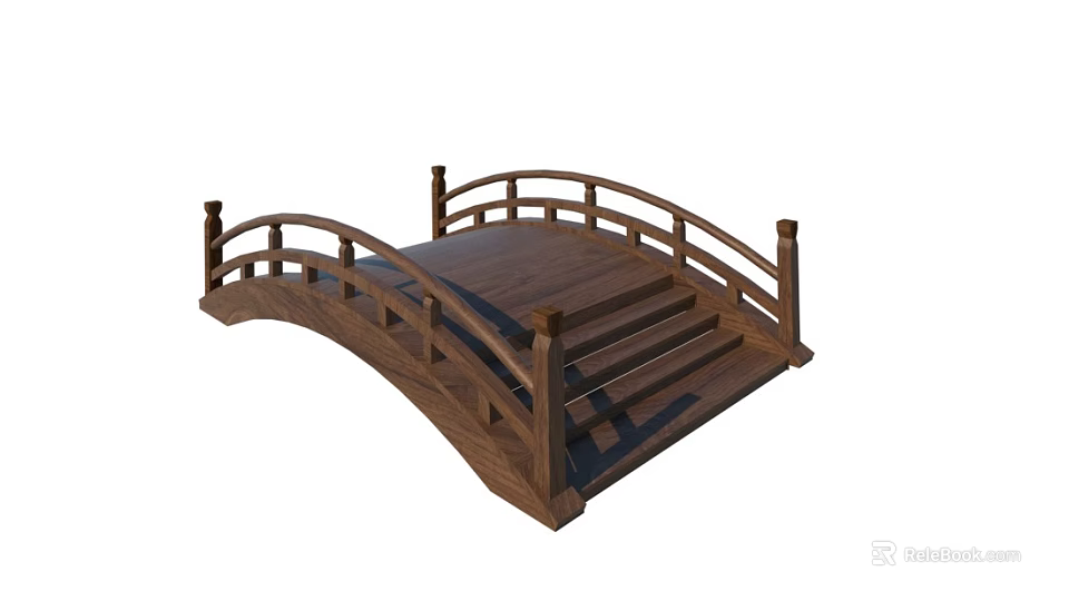 Traditional Wooden Landscape Bridge With Railing And Wooden Planks Structure 3d model 