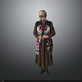 Woman in Traditional Embroidered Vest and Striped Headscarf Standing Against Gray Background