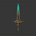 Ornate Fantasy Sword With Turquoise Blade Golden Decoration And Green Gemstone