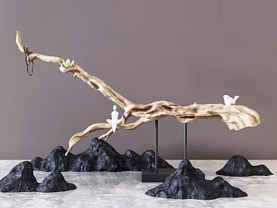 Decorative Ornament Set With Wooden Branch Mountain Shaped Bases Small Figurines And Marble Tabletop Design 3d model