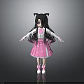 Cute Child With Long Black Hair Wearing White Top Pink Dress And Cat Ear Accessories