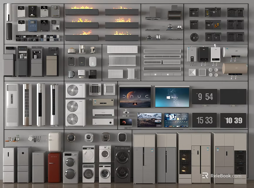 Display Of Various Home Appliances Including Refrigerators TVs And Washing Machines 3d model 
