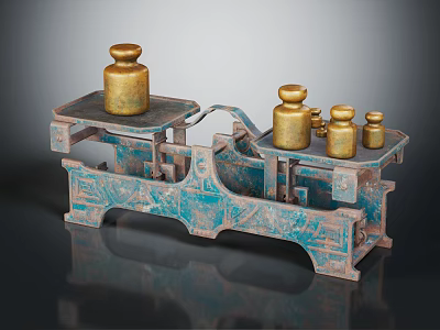 Commercial Equipment Vintage Balance Scale With Golden Weights And Blue Patina Base For Business Weighing Use 3d model