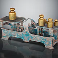 Commercial Equipment Vintage Balance Scale With Golden Weights And Blue Patina Base For Business Weighing Use