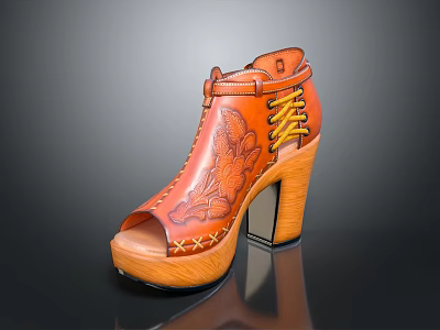 Orange Leather High Heel Shoes With Embroidered Floral Patterns And Block Heel Design 3d model