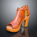 Orange Leather High Heel Shoes With Embroidered Floral Patterns And Block Heel Design