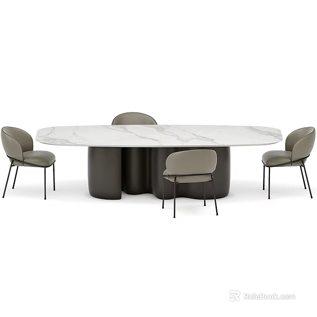 Modern Oval Dining Table Set With Marble Top Dark Bases And Light Gray Chairs 3d model 