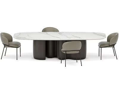 Modern Oval Dining Table Set With Marble Top Dark Bases And Light Gray Chairs 3d model
