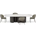 Modern Oval Dining Table Set With Marble Top Dark Bases And Light Gray Chairs