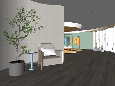 Modern Clothing Store Interior Design With Clothes Display Racks And Decorative Plant 3d model