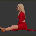 Blonde Woman In Red Dress Sitting On Reflective Floor With Brown Boots And Gray Background