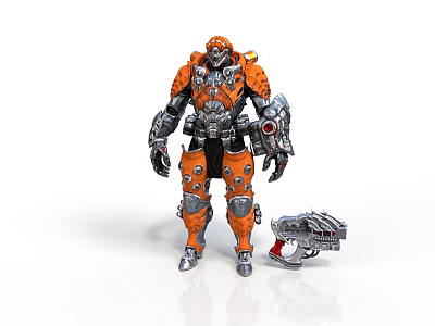Orange And Silver Armored Robot Character With Mechanical Weapon In Sci Fi Design 3d model