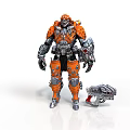 Orange And Silver Armored Robot Character With Mechanical Weapon In Sci Fi Design 3d model
