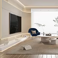 Modern Minimalist Living Room Interior With Large Screen TV Beige Sofa And Blue Armchair