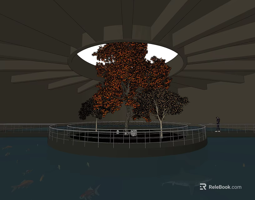 Trees with Orange Dark Leaves on Central Circular Platform Under Skylight with Railing 3d model