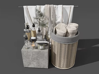 Bathroom Accessories Including Towels In Wicker Basket And Marble Countertop With Bottles Candles Green Plant 3d model
