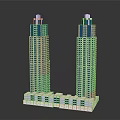 Cartoon Style Tall Buildings Symmetric Skyscrapers With Blue White Facades And Connected Base Structure