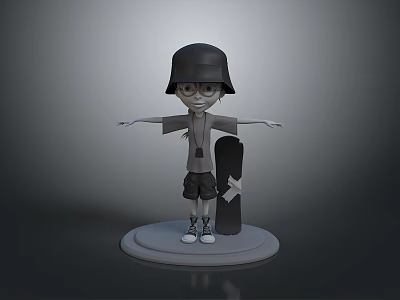 3D Cartoon Woman Wearing Black Helmet Glasses Gray Top Shorts With Skateboard On Round Base 3d model