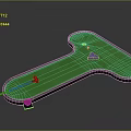 Mini Golf Putting Green T Shaped With Yellow Putter White Ball Purple Cone Blue Triangle