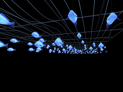 Blue Fish Shaped Decorative Lights Artistic Hanging On Black Ceiling Background 3d model