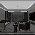 Modern Living Dining Room Interior With Beige Sofa Brown Armchair And City View Window