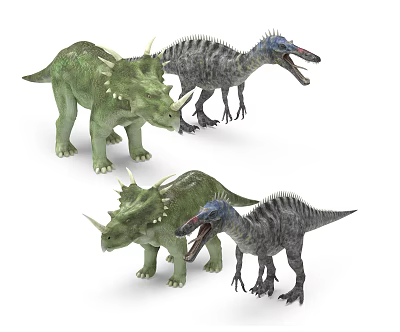 Multiple Green And Gray Reptilian Dinosaurs Including Triceratops Standing Open Mouthed 3d model