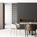 Modern Restaurant Interior With Long Dining Table And Minimalist Patterned Wall Design 3d model