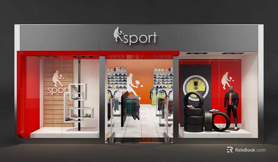Sport Store Window Display With Sportswear Shoes Mannequin And Red Orange Background 3d model 
