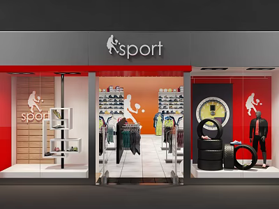 Sport Store Window Display With Sportswear Shoes Mannequin And Red Orange Background 3d model