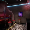 Modern KTV Interior Design With Colorful Lighting Grey Sofas Bar Stools And Wall TV 3d model