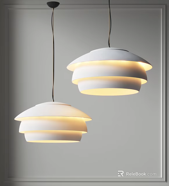 Two Modern Layered White Pendant Lights Illuminated Hanging Interior Decor 3d model