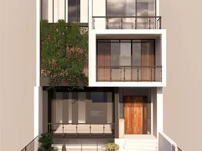 Modern Detached Villa Exterior With Greenery Large Windows Wooden Door And Balconies 3d model