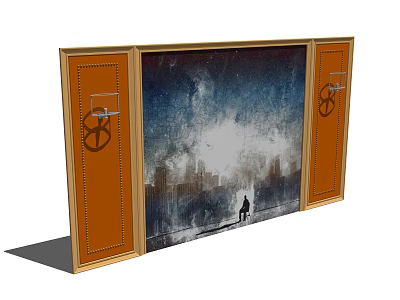 Sofa Background Wall Design With City Night Scene Painting Orange Cabinets And Black Decorative Rings 3d model
