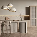 Modern Kitchen Interior With White Pendant Lights Wooden Lattice Cabinets And Marble Bar Counter