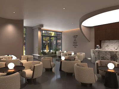Modern Sales Office Interior With Comfortable Seats Round Tables Soft Lighting And Marble Reception Desk 3d model