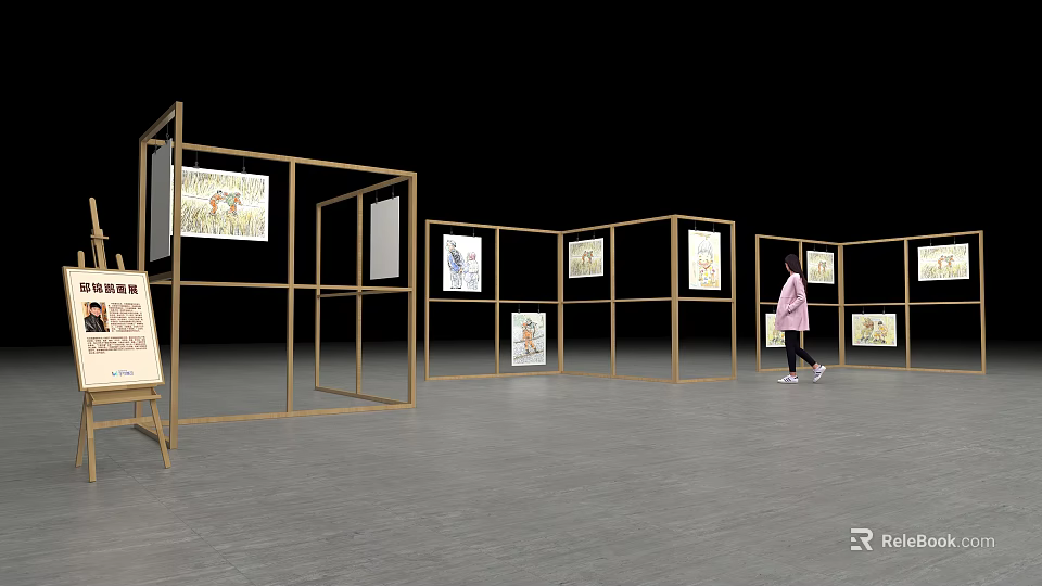 Art Exhibition Space With Golden Frame Panels Displaying Paintings And Person Walking 3d model 