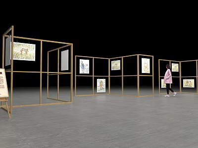 Art Exhibition Space With Golden Frame Panels Displaying Paintings And Person Walking 3d model